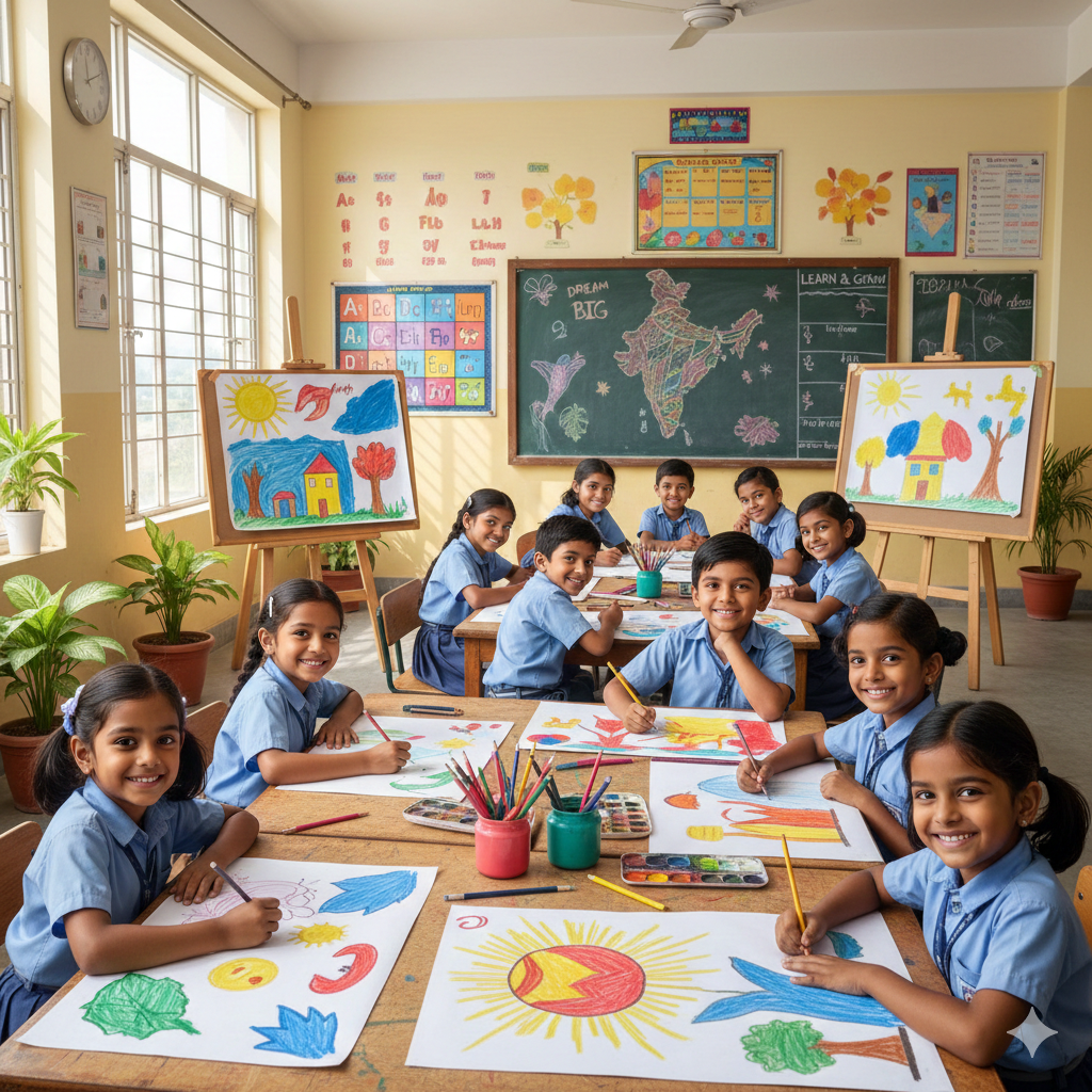 Indian primary school children drawing on chart papers