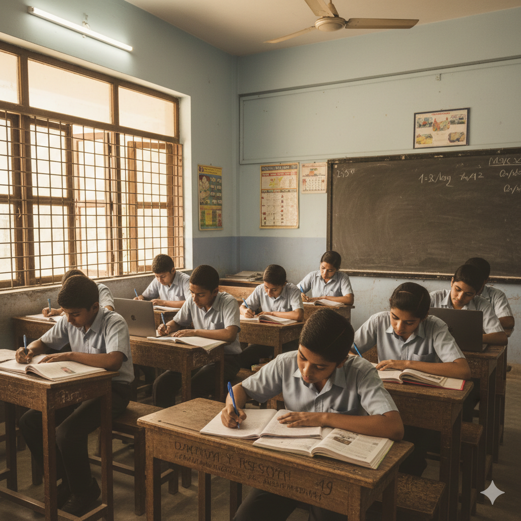 Indian students studying with books and laptops